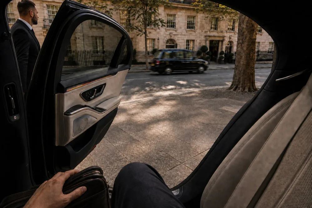 Chauffeur holding an open rear passenger door on a London street